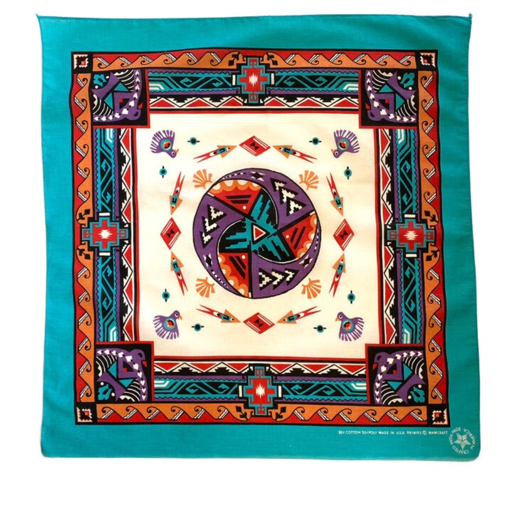 Wamcraft Bandana Scarf Southwestern Aztec Turquoise Multi Vintage 22" x 22"